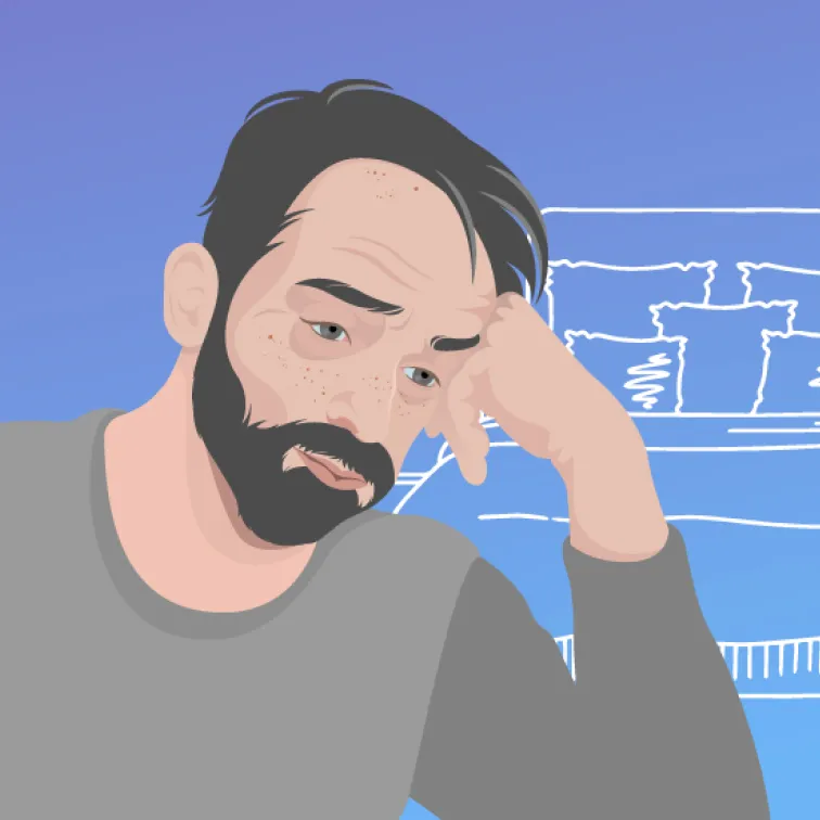 Illustration of a bearded man with dark hair resting his head on his hand, appearing thoughtful or worried, with a blue background and faint outlines of a couch.