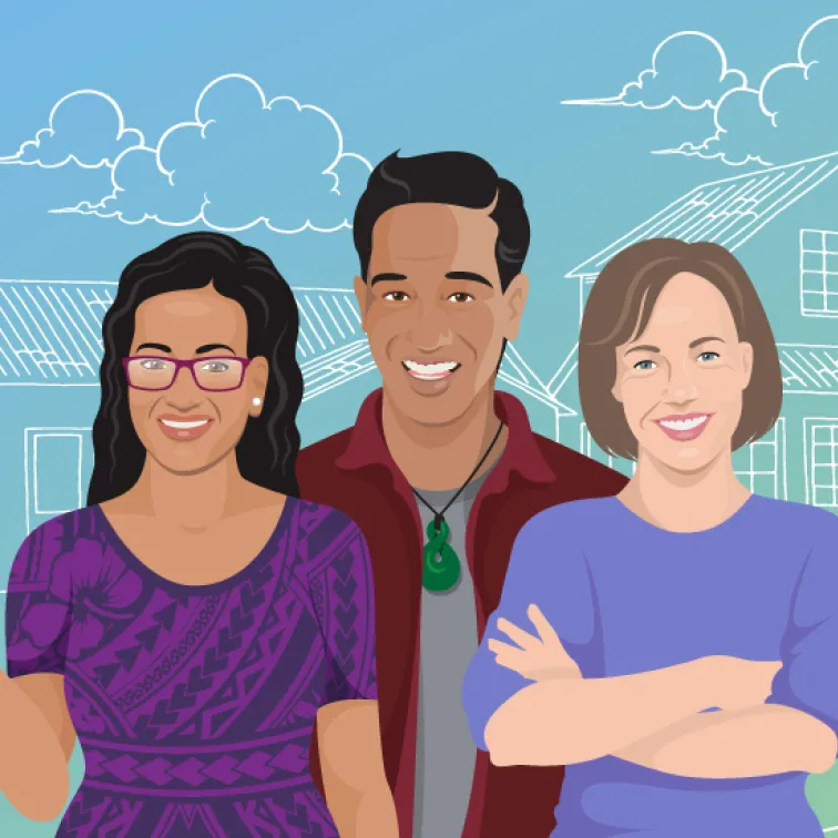 Illustration of three smiling adults standing in front of houses with a blue sky and clouds, including a woman wearing glasses and a purple patterned dress, a man with a green pendant necklace and red shirt, and a woman in a blue top with arms crossed.