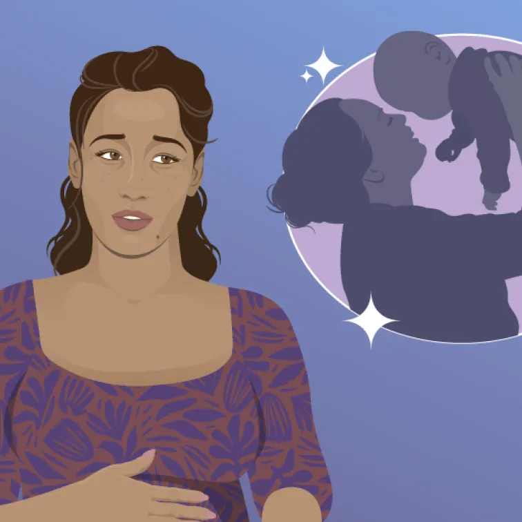 Illustration of a woman with a thoughtful expression holding her hand on her stomach, with a thought bubble showing a silhouette of a mother lifting her baby joyfully.