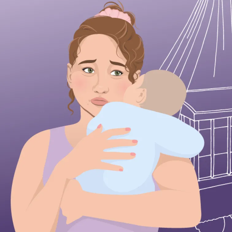 Worried woman with green eyes holding and comforting a baby wrapped in a blue blanket against a purple background with abstract outlines.