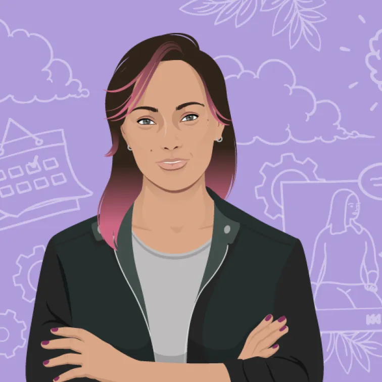 Illustration of a confident woman with pink-tipped hair wearing a black jacket and gray shirt against a purple background with abstract business icons.