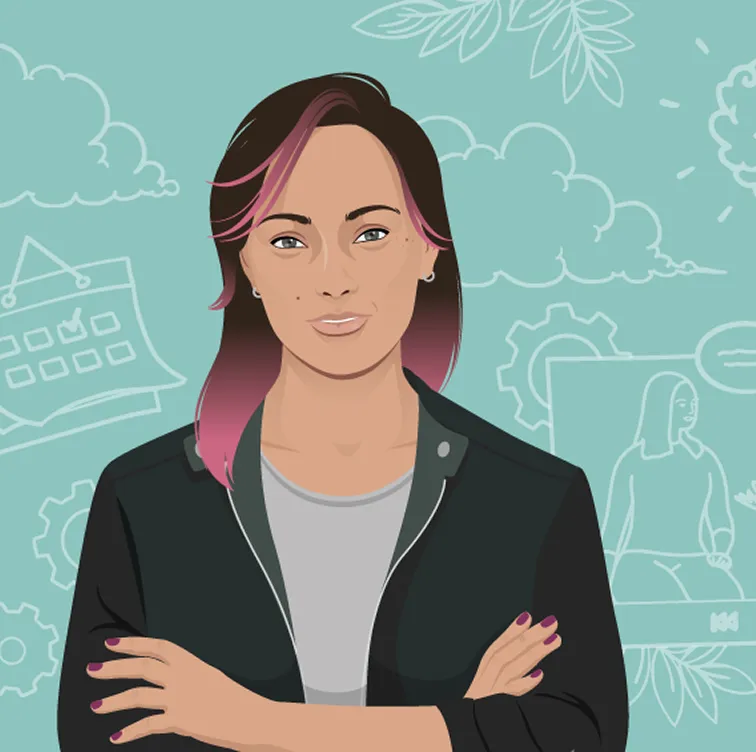 Illustration of a confident woman with pink-tinted hair wearing a black jacket and gray shirt, with arms crossed, against a teal background with doodles of clouds, gears, leaves, calendar, and a person on a screen.