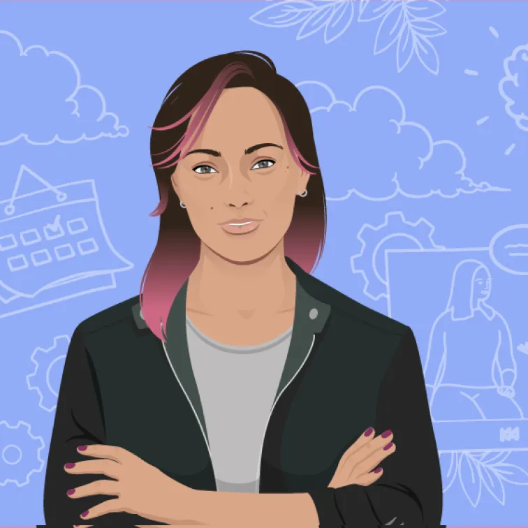 Illustration of a confident woman with pink-streaked hair, crossed arms, and a black jacket against a blue background with light outline drawings of gears, a calendar, and a woman.