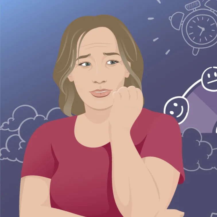 Illustration of a worried woman in a red shirt holding her chin with a background of a clock, clouds, and emoticon faces.
