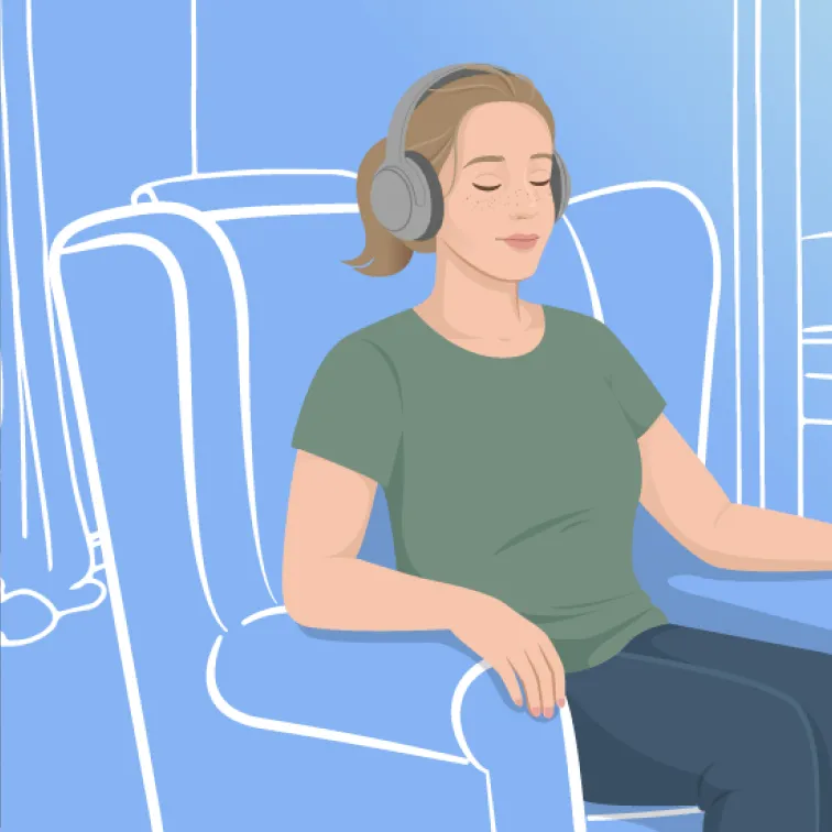 Illustration of a woman with closed eyes wearing headphones, sitting and relaxing on a chair with a blue background.