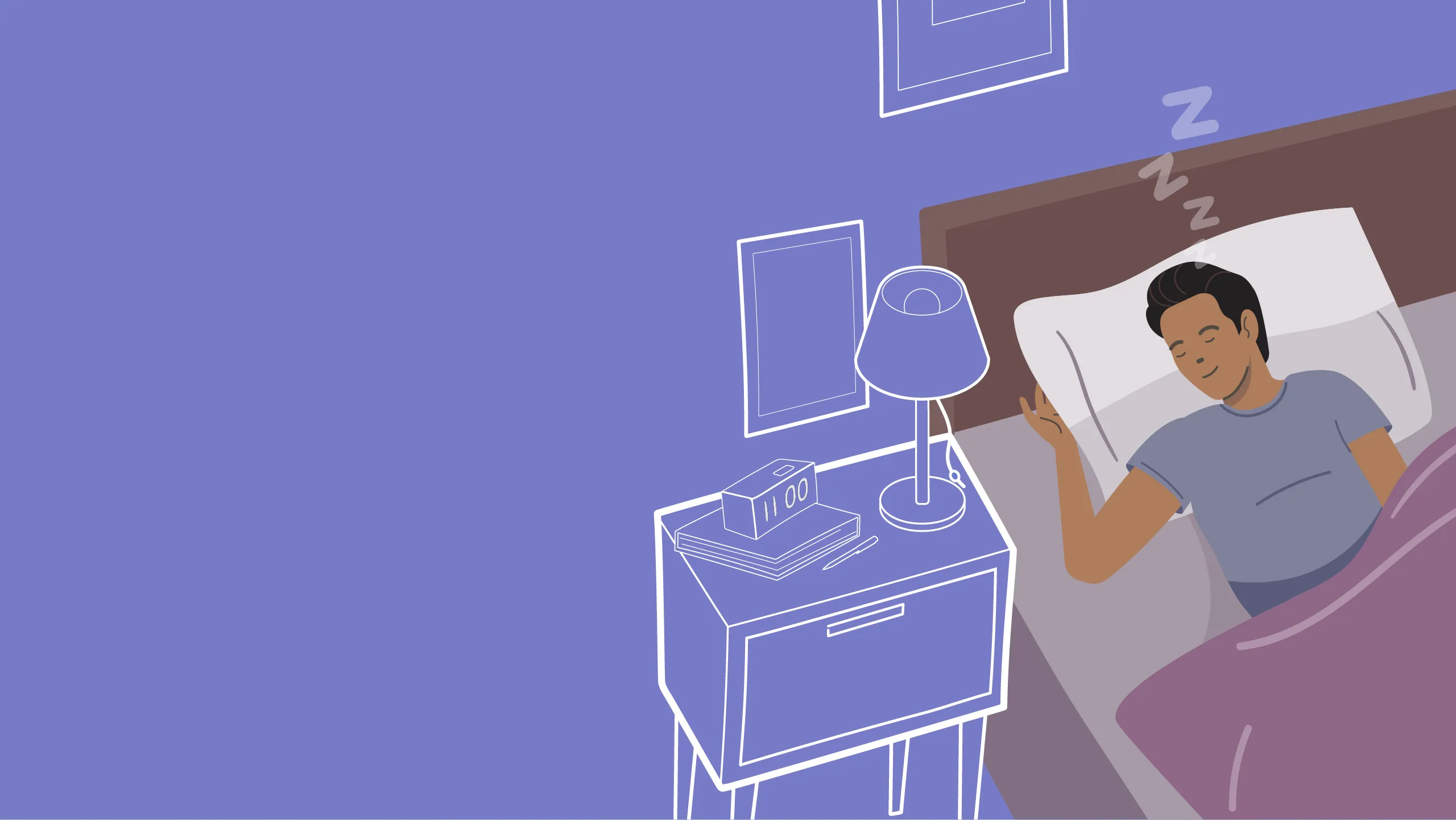 Illustration of a man sleeping peacefully in bed with a bedside table holding a lamp, clock showing 11:00, and books.
