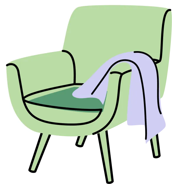 Illustration of a green armchair with a light purple blanket draped over one arm.