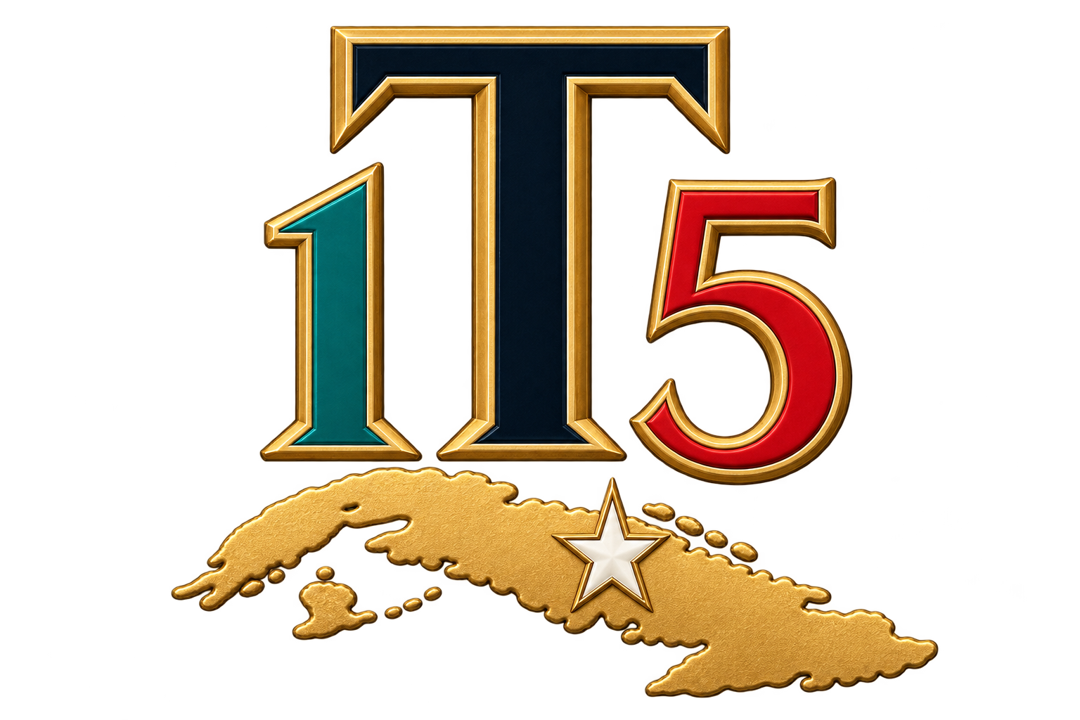 Gold embossed map of Cuba with a white star below a stylized 1T5 in teal, navy, and red colors.