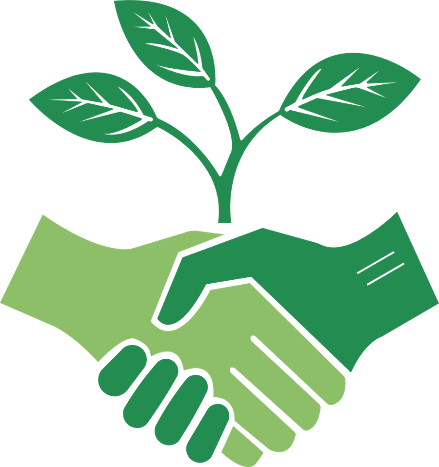 Two hands shaking beneath a growing plant, representing working together on waste recovery