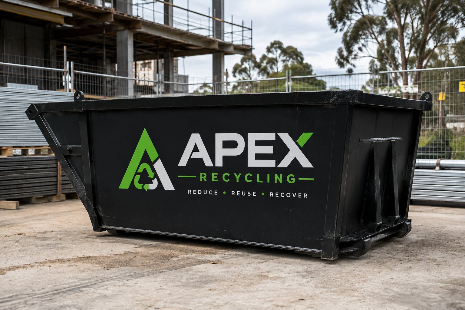 APEX Recycling skip bin on a construction site