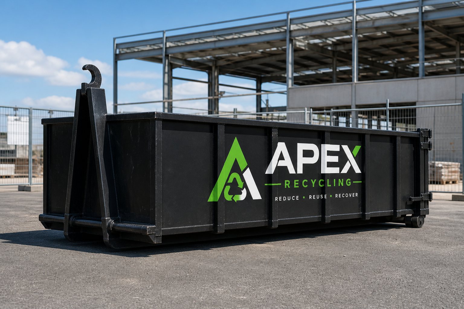 APEX Recycling hook lift bin showing the hook arm and roller wheels