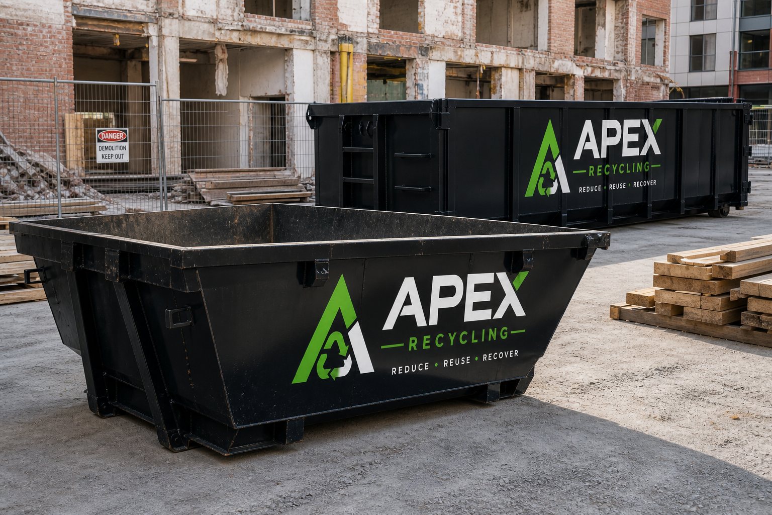 APEX Recycling skip bin and hook lift bin side by side on a demolition site