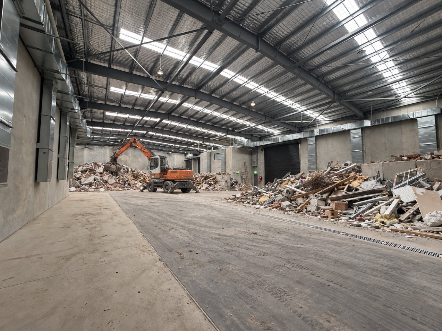Excavator sorting construction and demolition waste into separate piles inside the APEX Recycling shed at Park Ridge