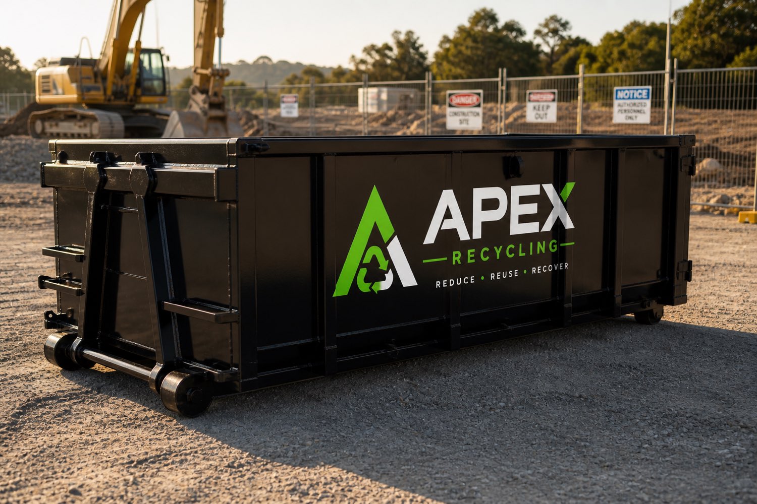 An APEX Recycling hook lift bin on a construction site