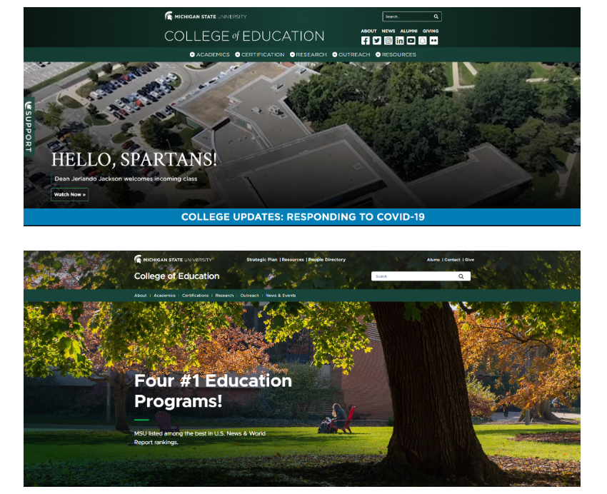 a side by side comparison between the old wordpress website in 2020 and the new sitecore website fall of 2025