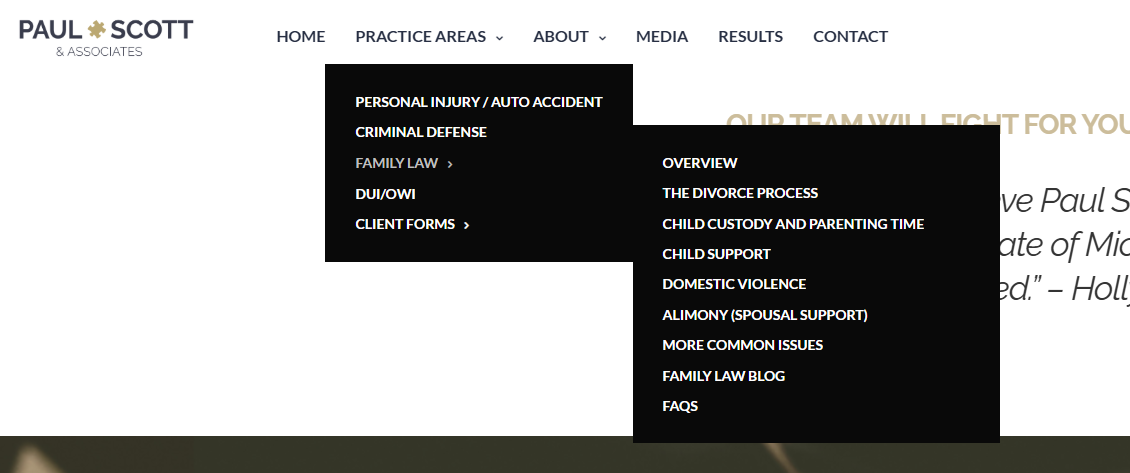 the menu structure of the previous website