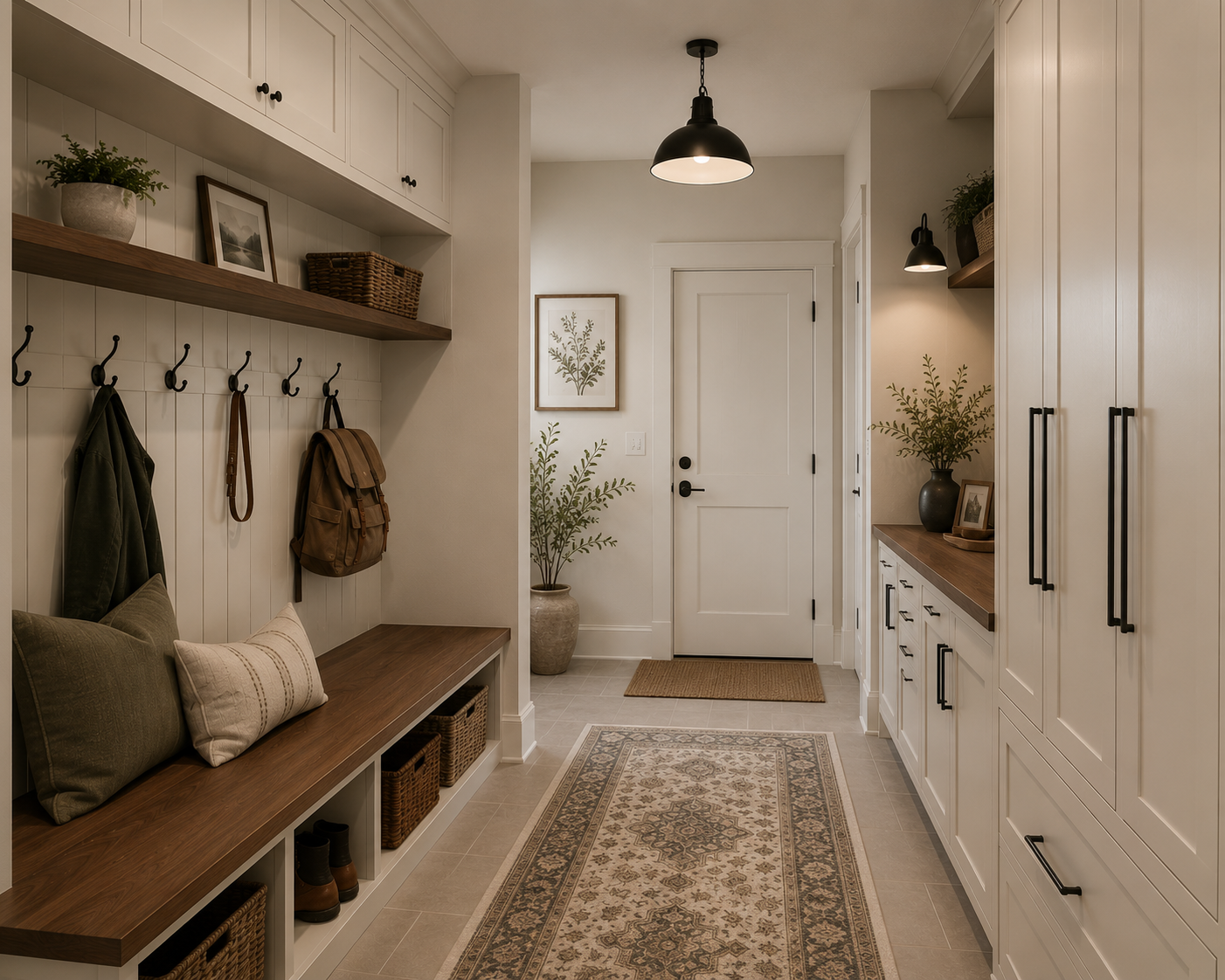 Custom mudroom cabinetry with bench and storage cubbies
