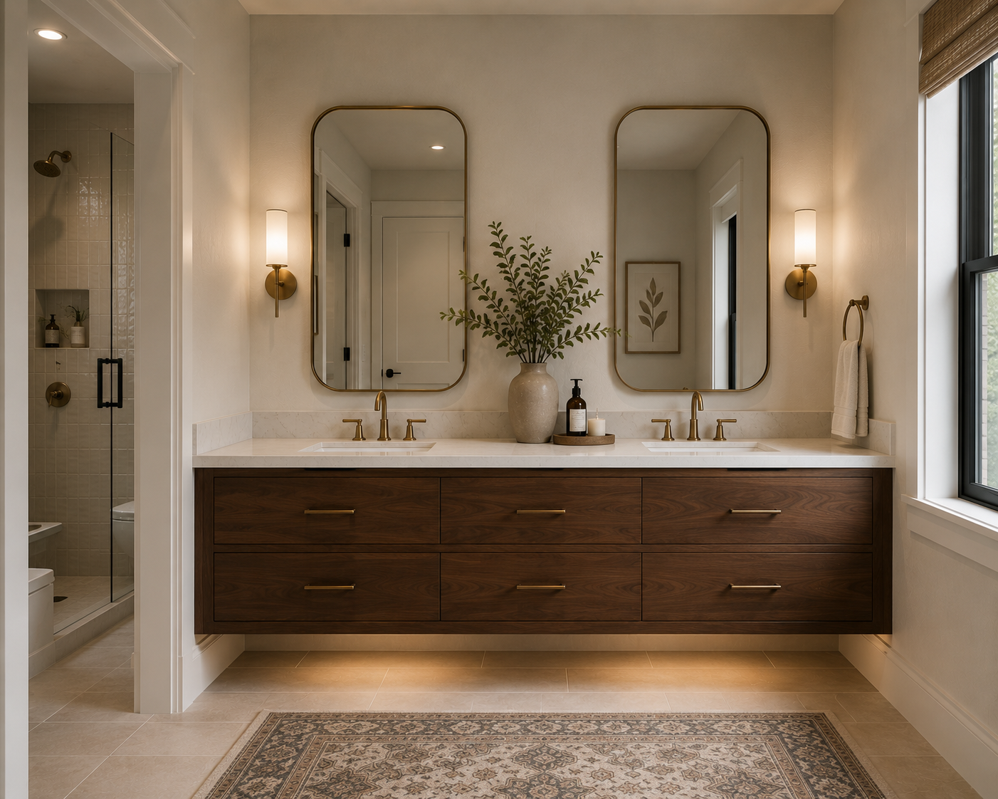 Floating walnut double vanity with brass mirrors and sconces in a custom bathroom