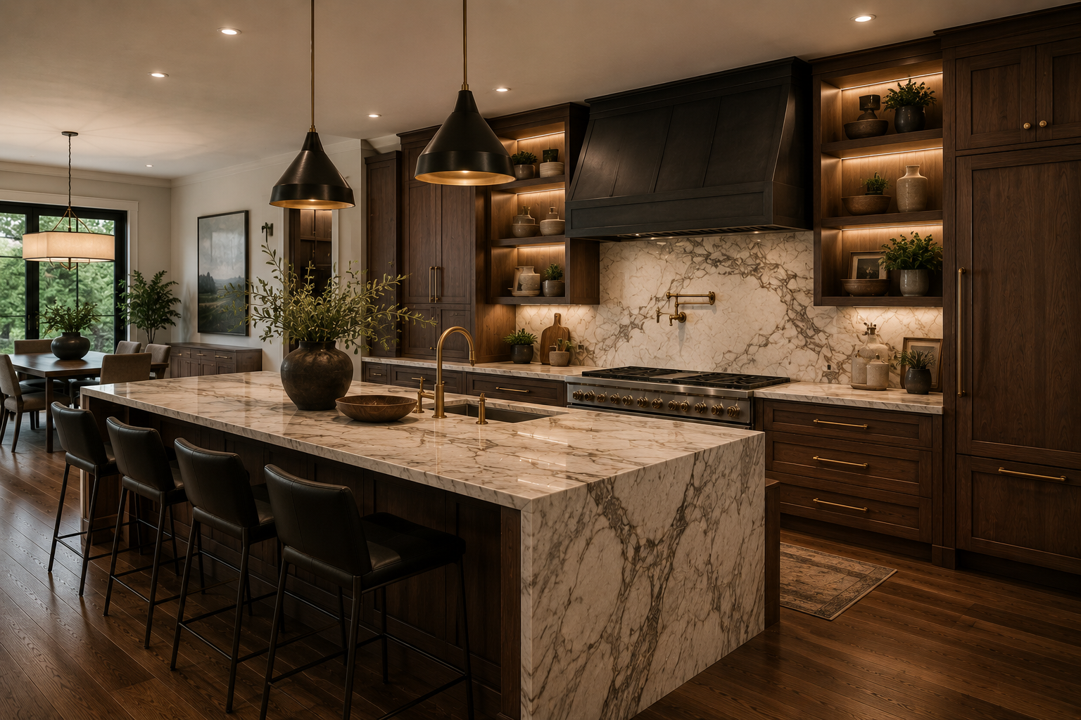 Custom kitchen cabinetry with a marble waterfall island