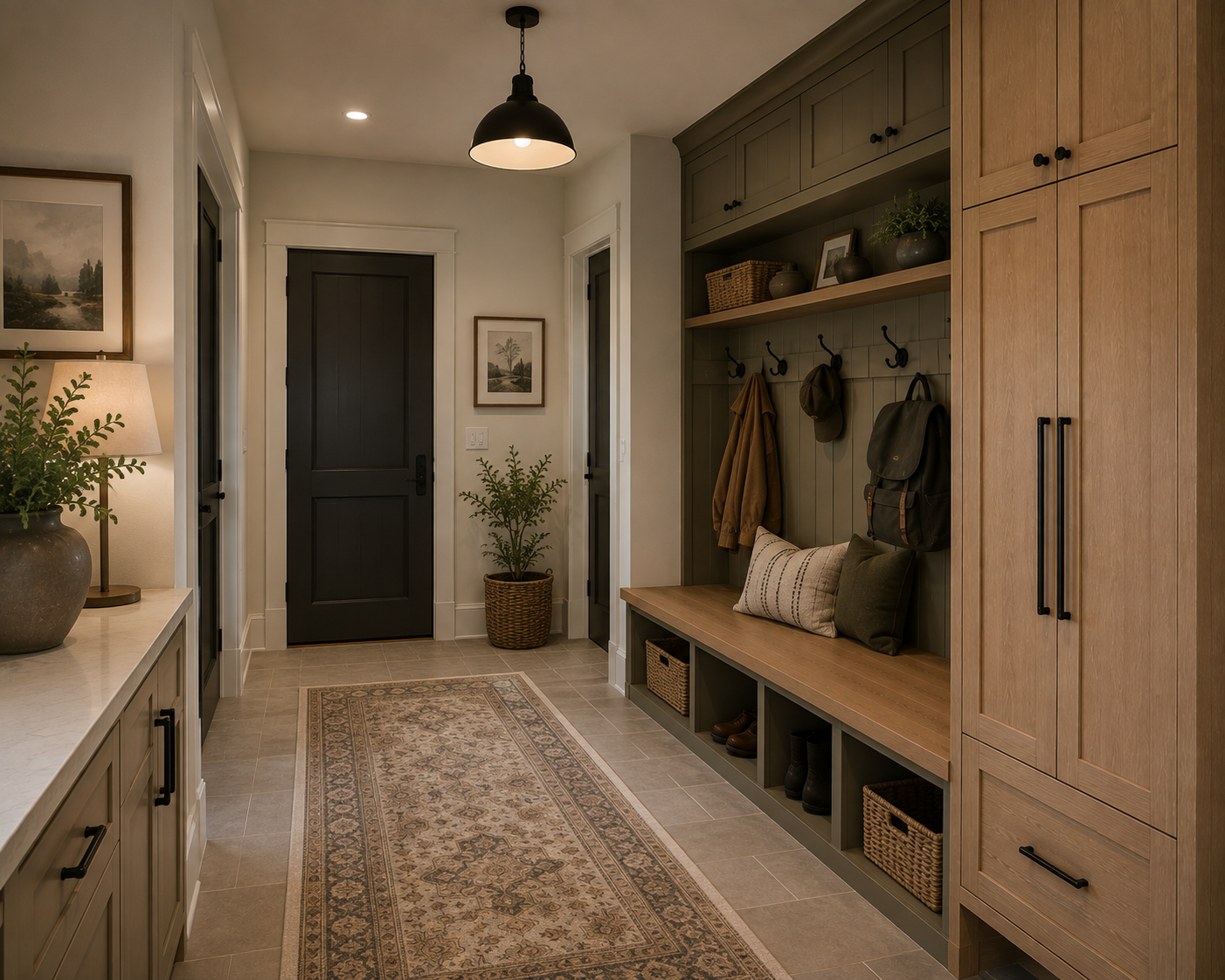 White oak mudroom with built-in bench, coat hooks and full-height storage cabinets