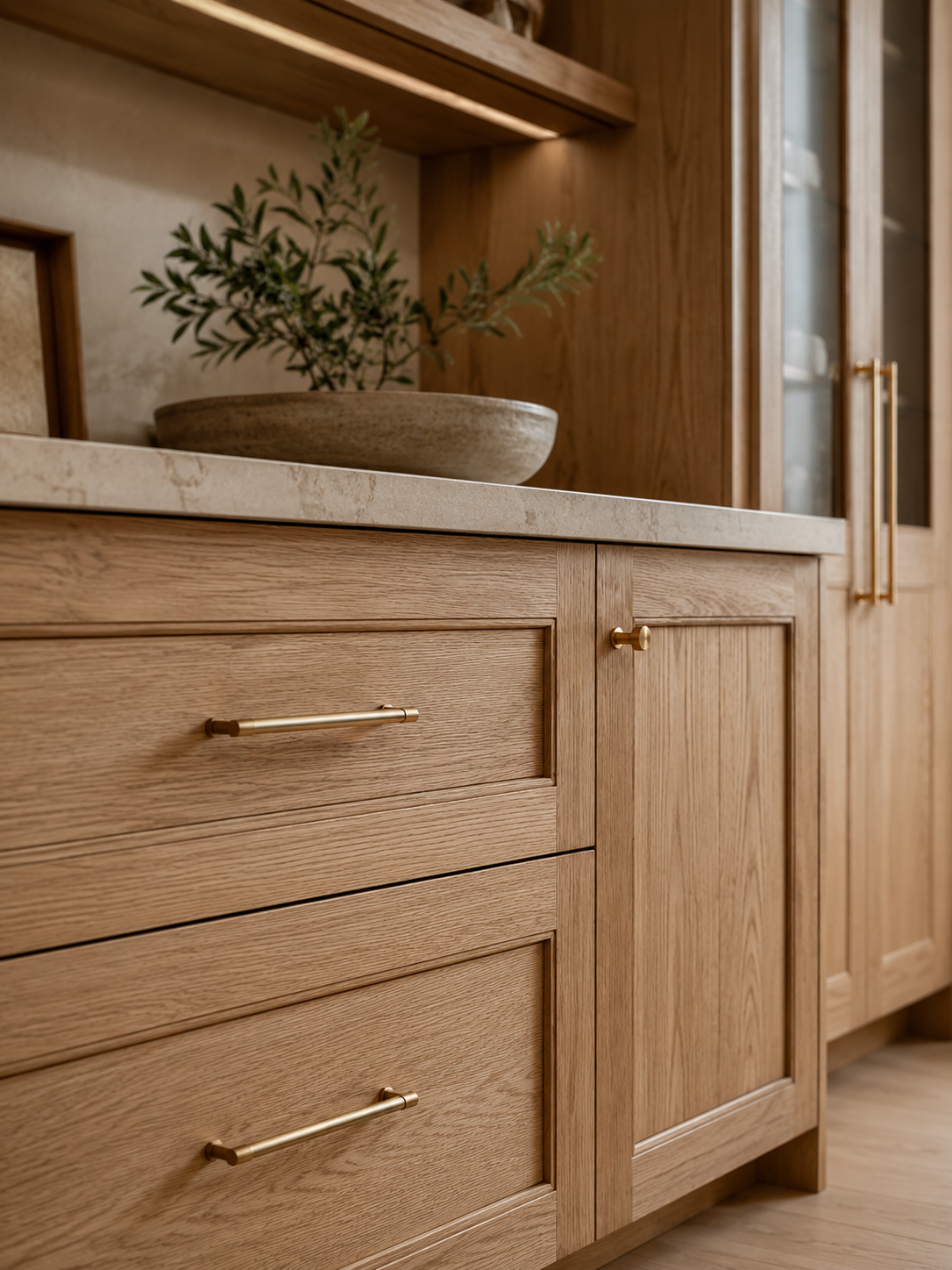 Close-up of natural wood cabinetry detail with brass hardware