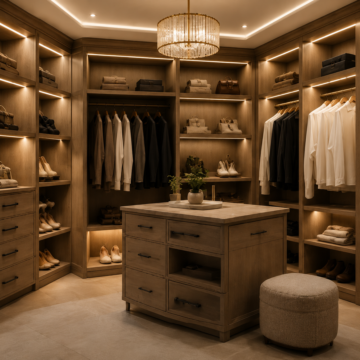 Luxury custom walk-in closet with built-in wood cabinetry and center island