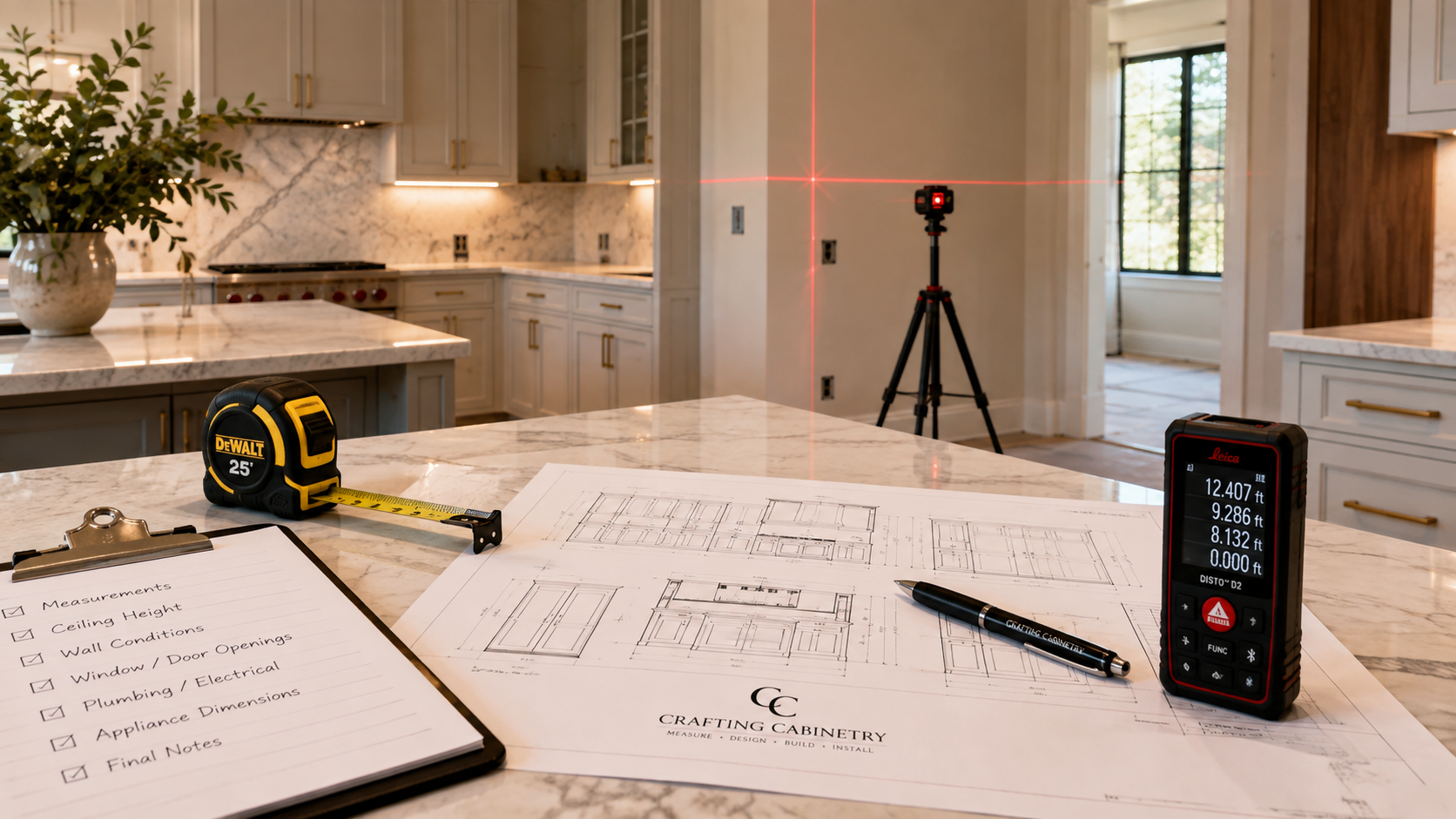 Final on-site measurements for custom cabinetry