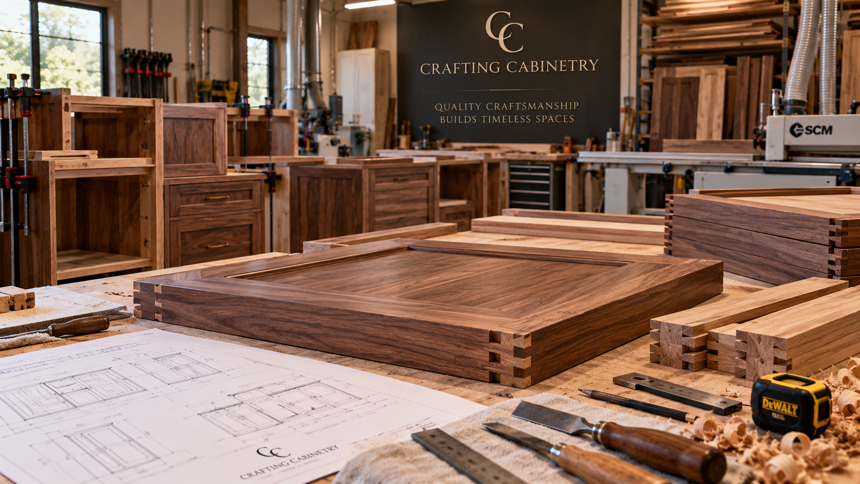 Custom walnut cabinet panel being fabricated in the Crafting Cabinetry workshop