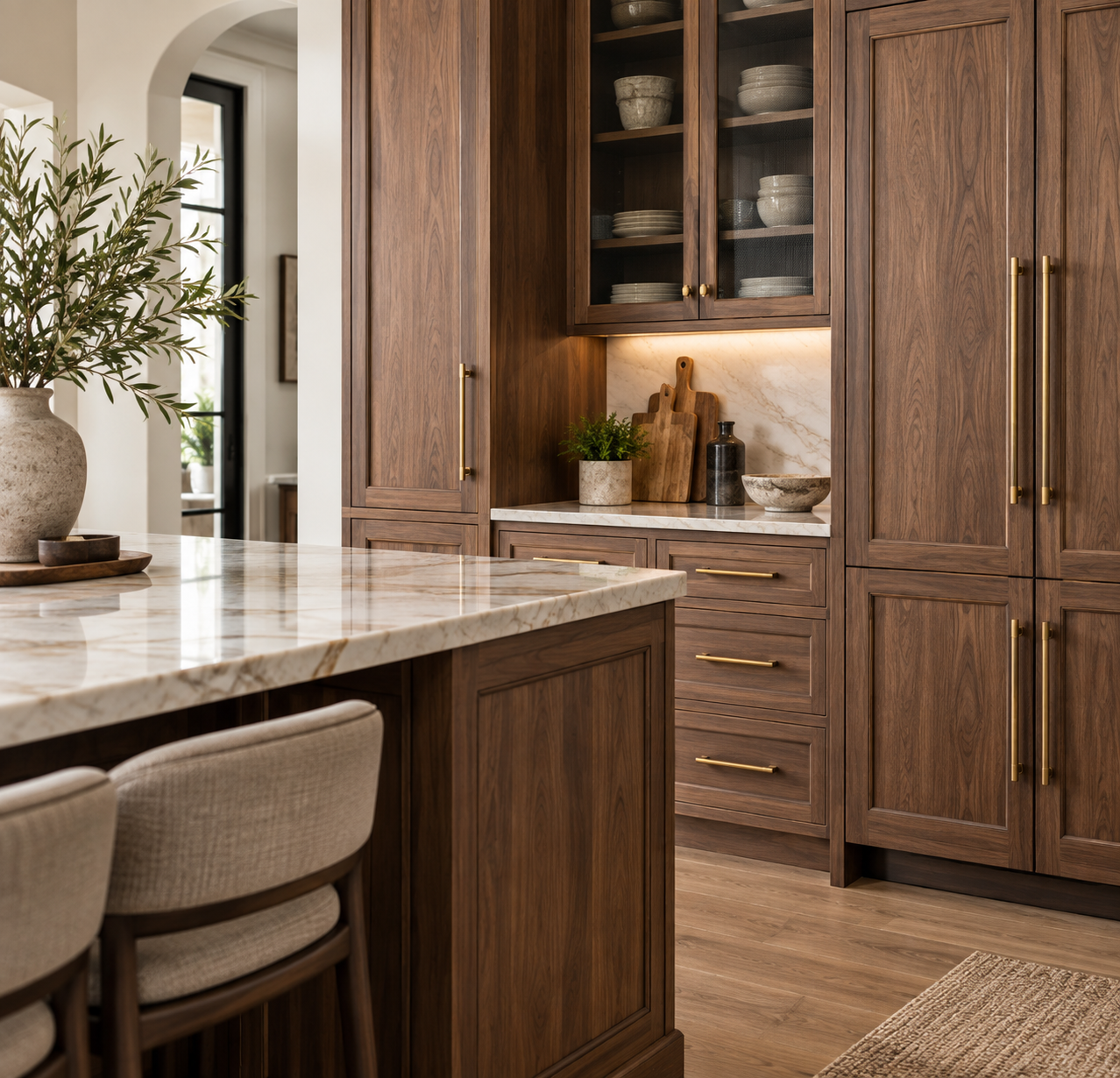 Walnut kitchen island with stone countertop and glass-front cabinetry
