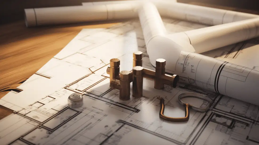 New construction plumbing planning setup featuring brass pipe fittings, white PVC piping, and detailed floor plan blueprints