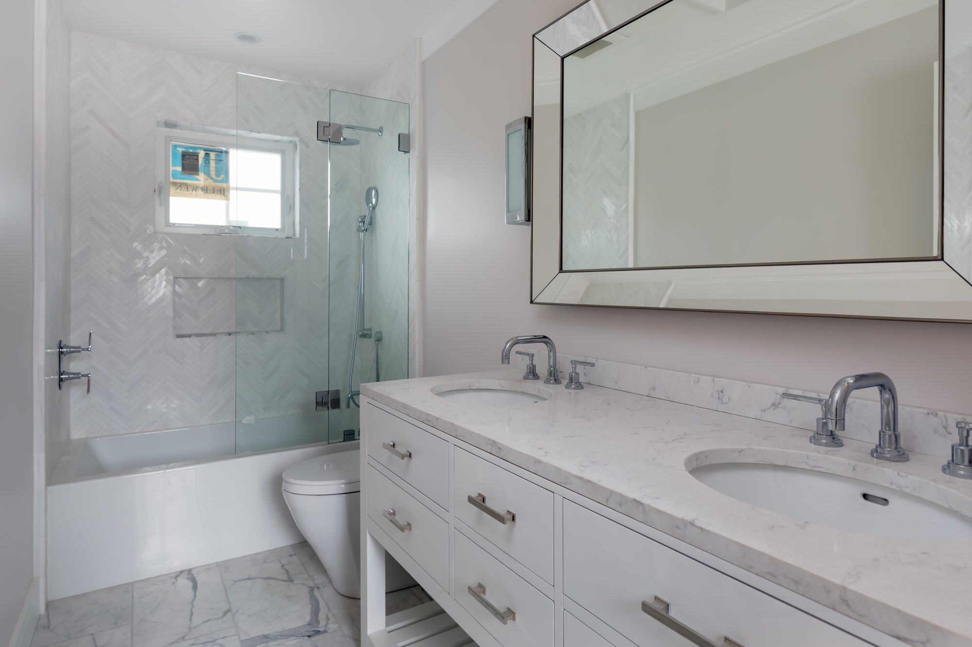 Amaranta Ave, a new build in Palo Alto by Greenberg, the bathroom's marble double vanity
