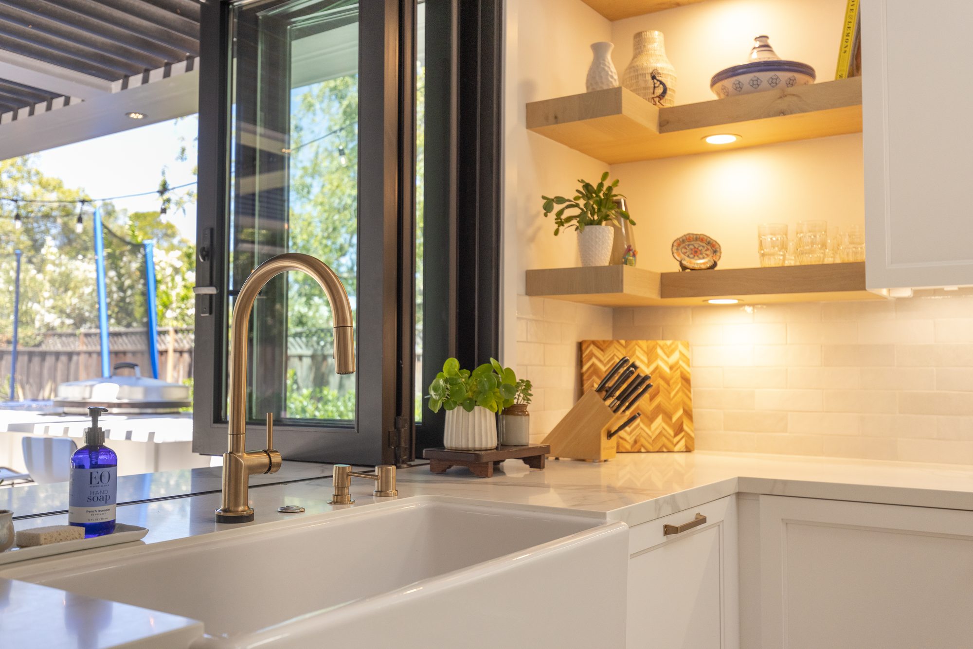 Golden Way, a new build in Los Altos by Greenberg, the farmhouse sink and open shelving