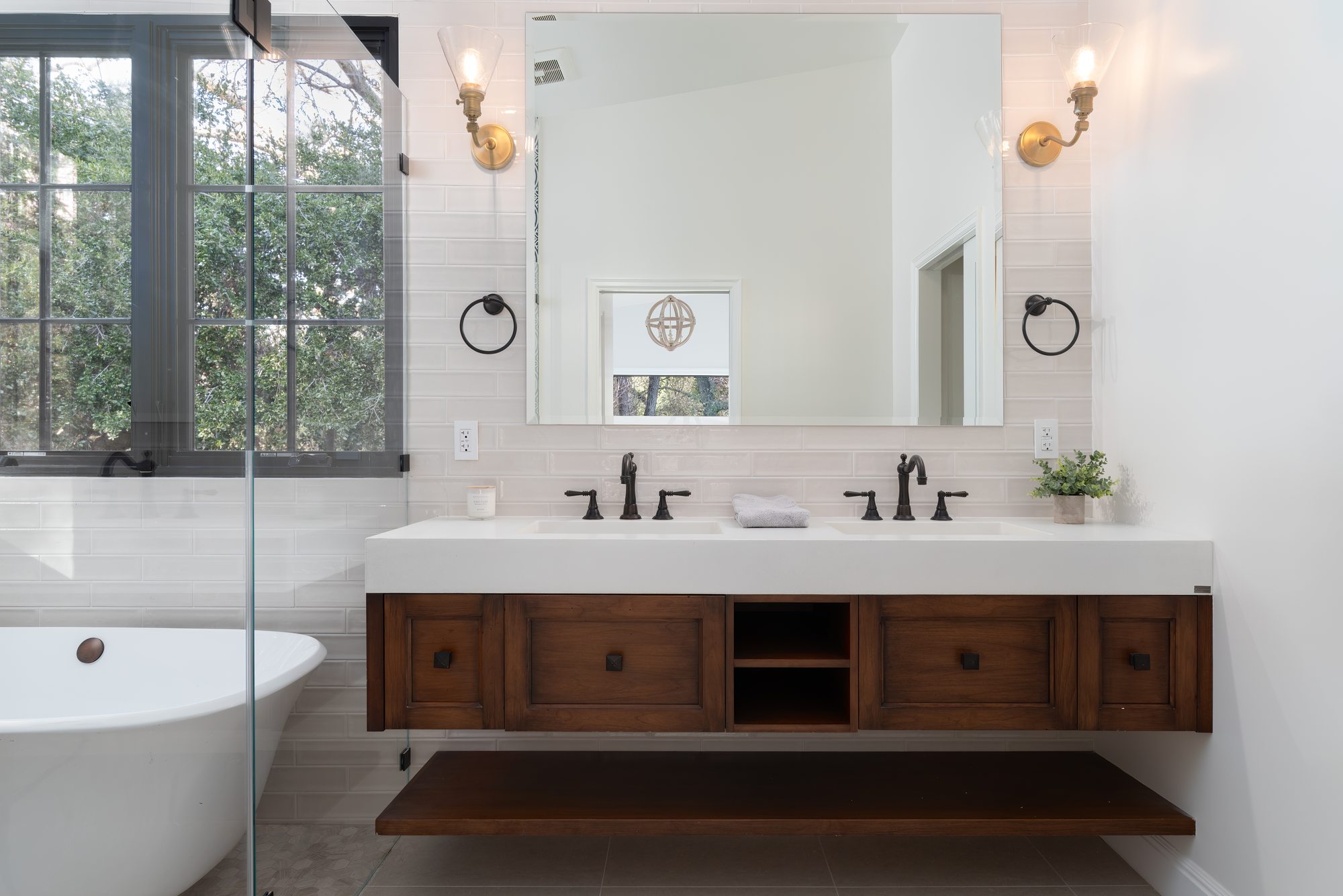 Pierce Rd, a new build in Saratoga by Greenberg, the primary bathroom's walnut double vanity