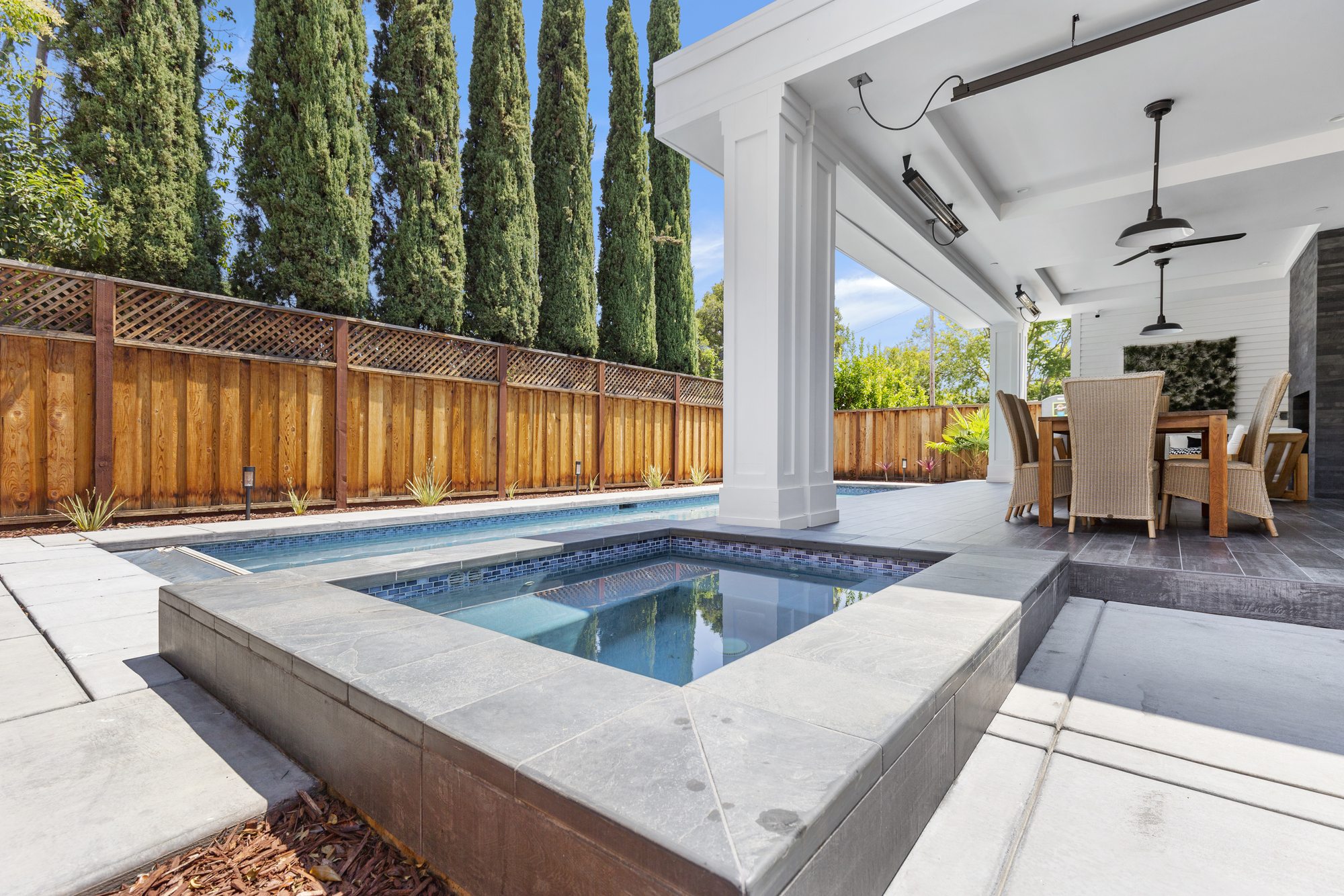 Amaranta Ave, a new build in Palo Alto by Greenberg, the backyard patio and hot tub