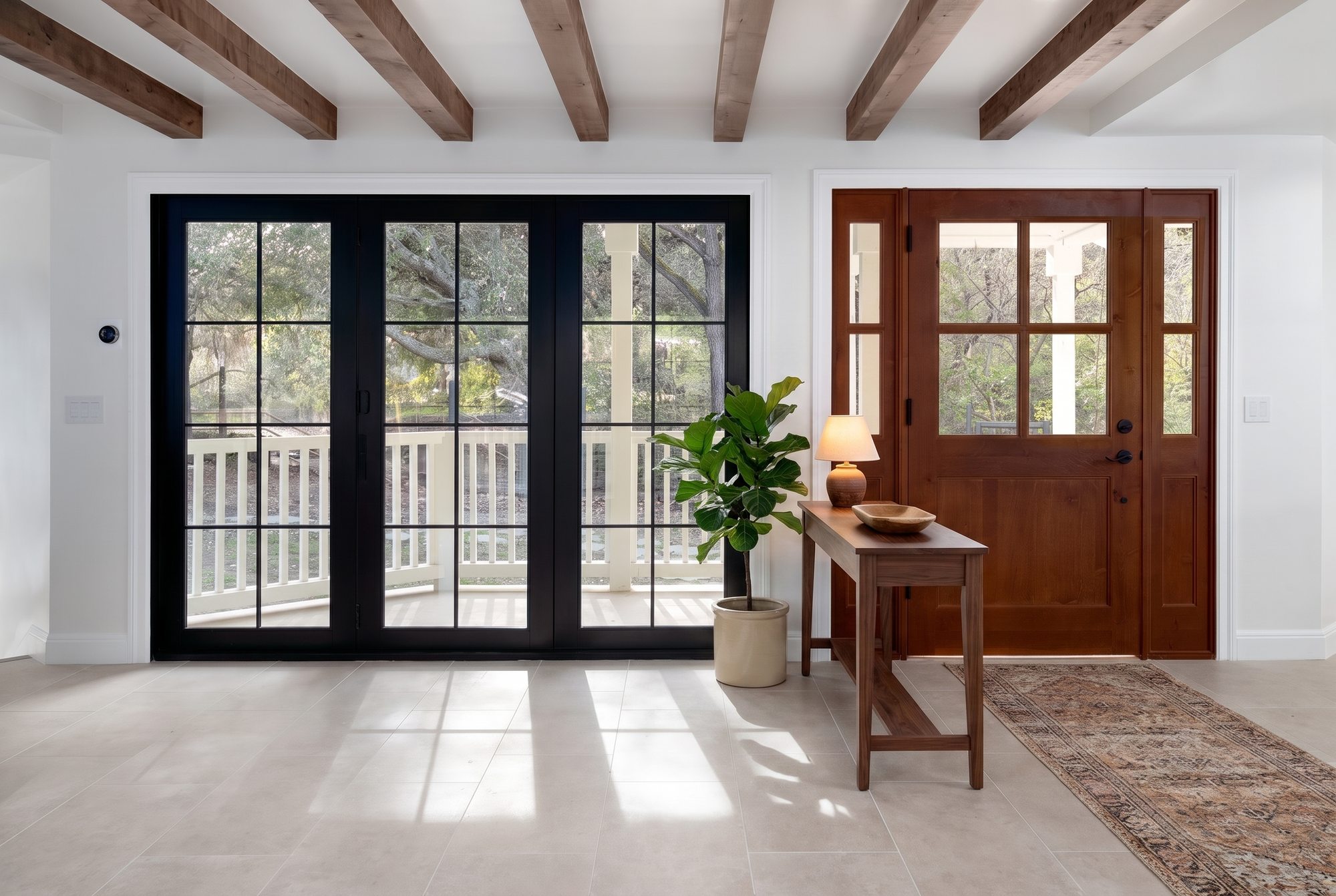 Pierce Rd, a new build in Saratoga by Greenberg, the entry and its beamed ceiling