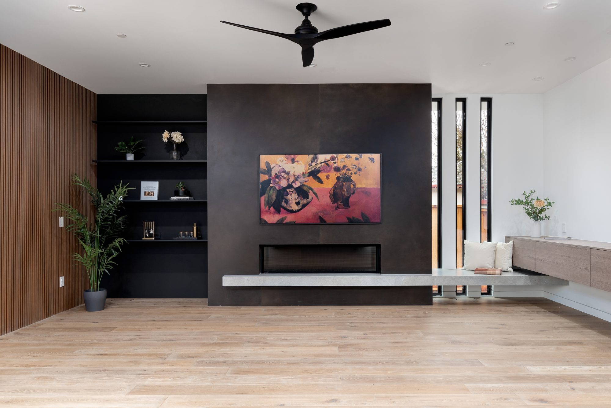 Stockbridge, a new build in Redwood City by Greenberg, the living room and fireplace