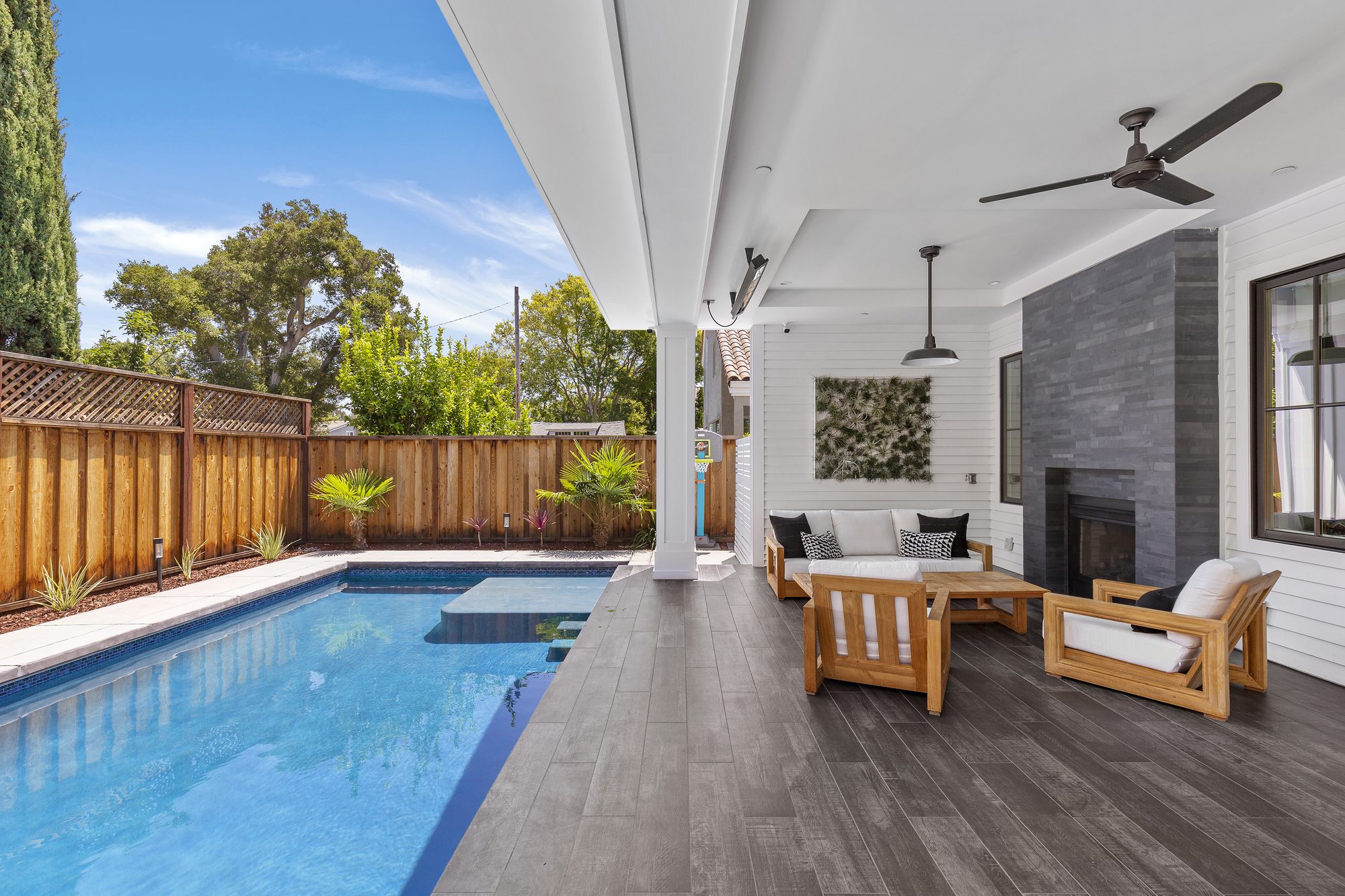 Amaranta Ave, a new build in Palo Alto by Greenberg, the covered patio and pool