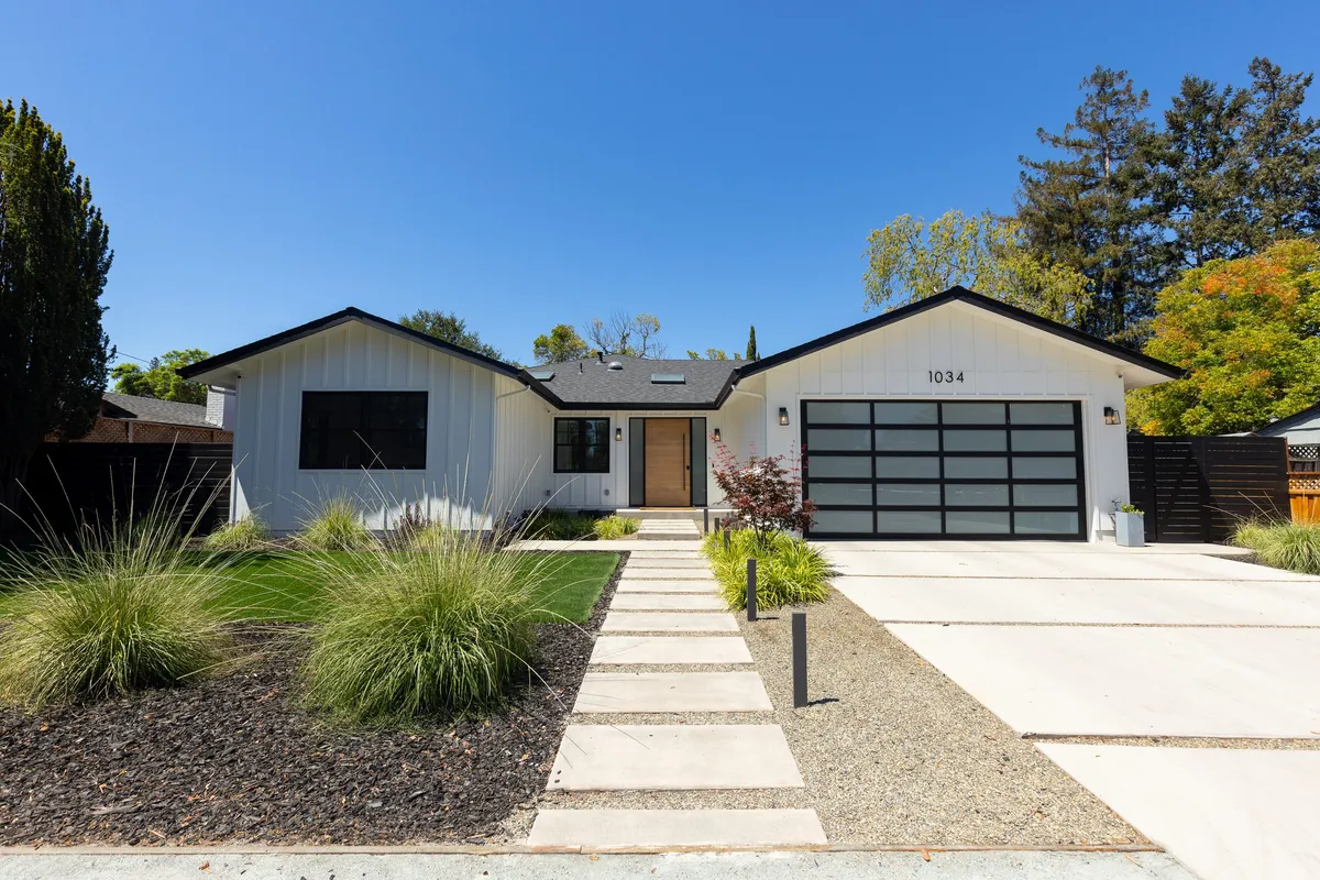 White Golden Way home in Los Altos with dark roof, front walk and landscaped yard