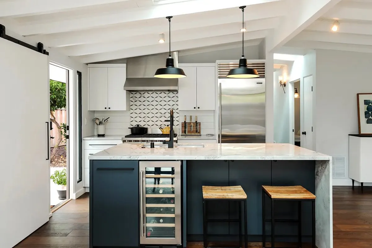 Cabinetry in the showroom, wood and painted finishes side by side