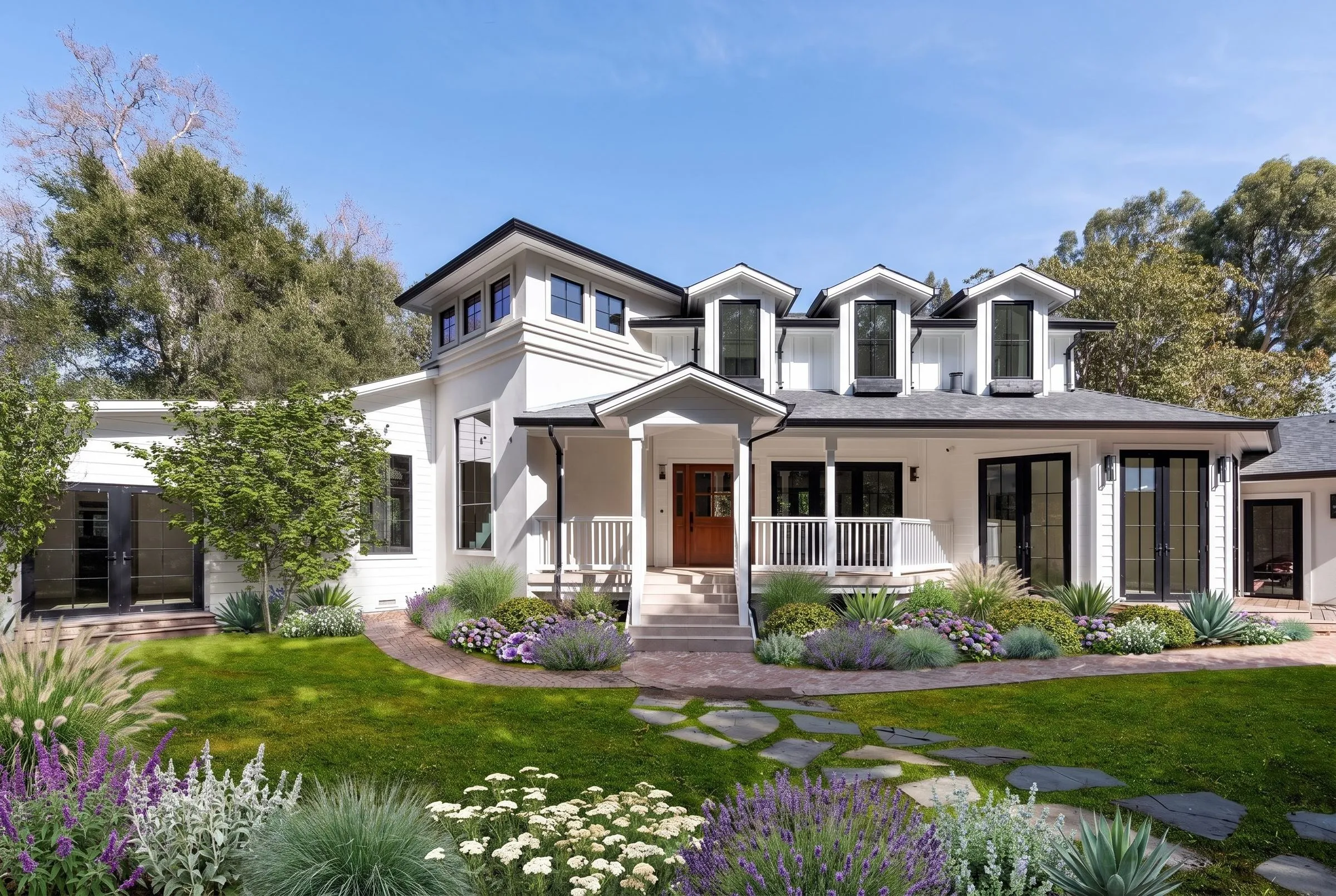 Pierce Road, a new custom home in Saratoga by Greenberg, the front garden in full bloom