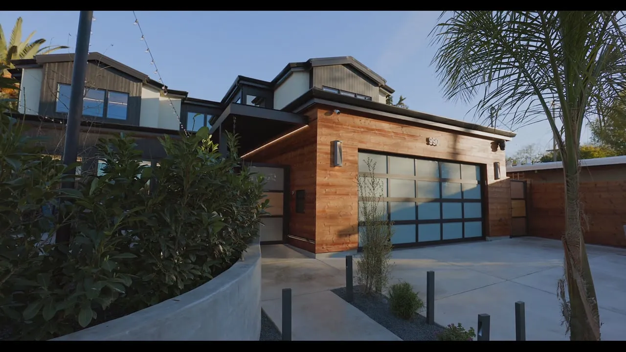 Colorado Ave, a new Greenberg home in Palo Alto, the front elevation in the evening