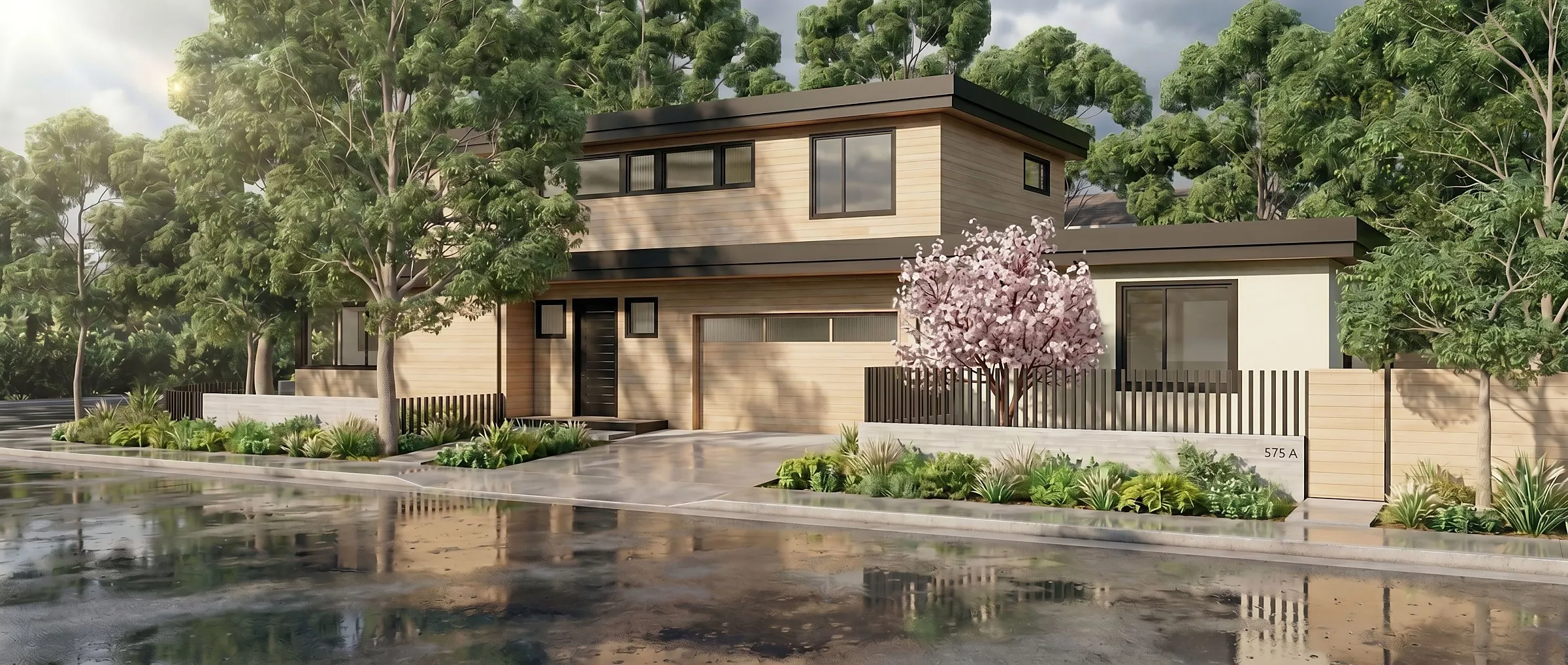 A precision-built home by Greenberg, the street elevation with cedar siding and a flowering tree