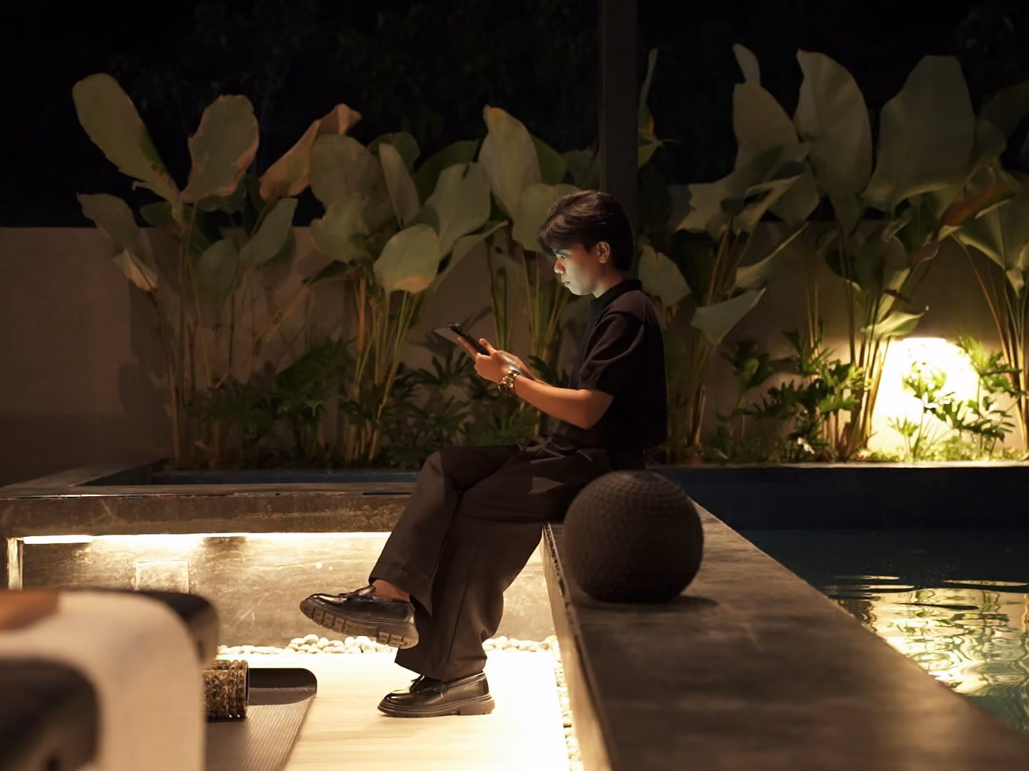 The lap pool, after dark