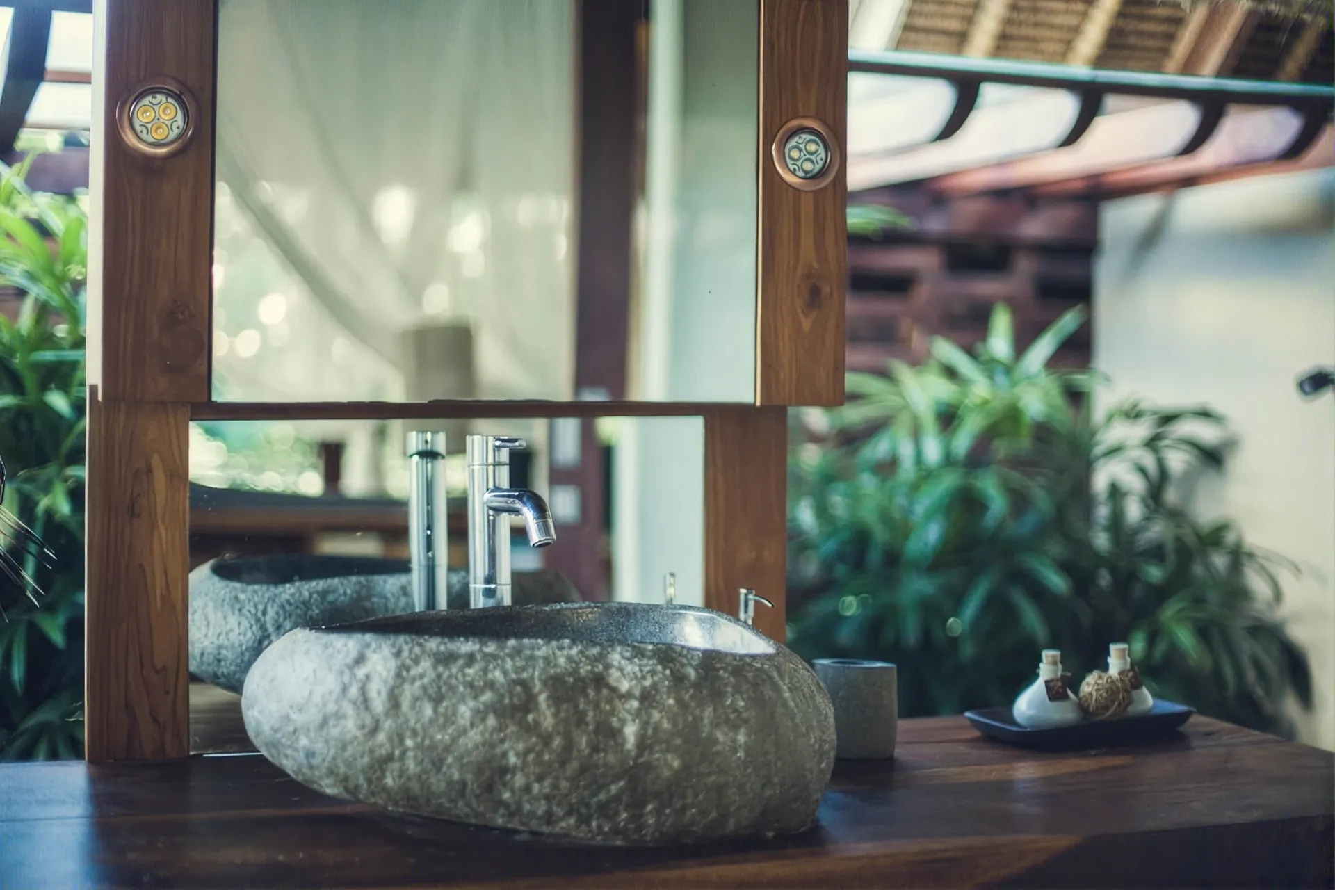 Carved stone basin in the open-air bathroom