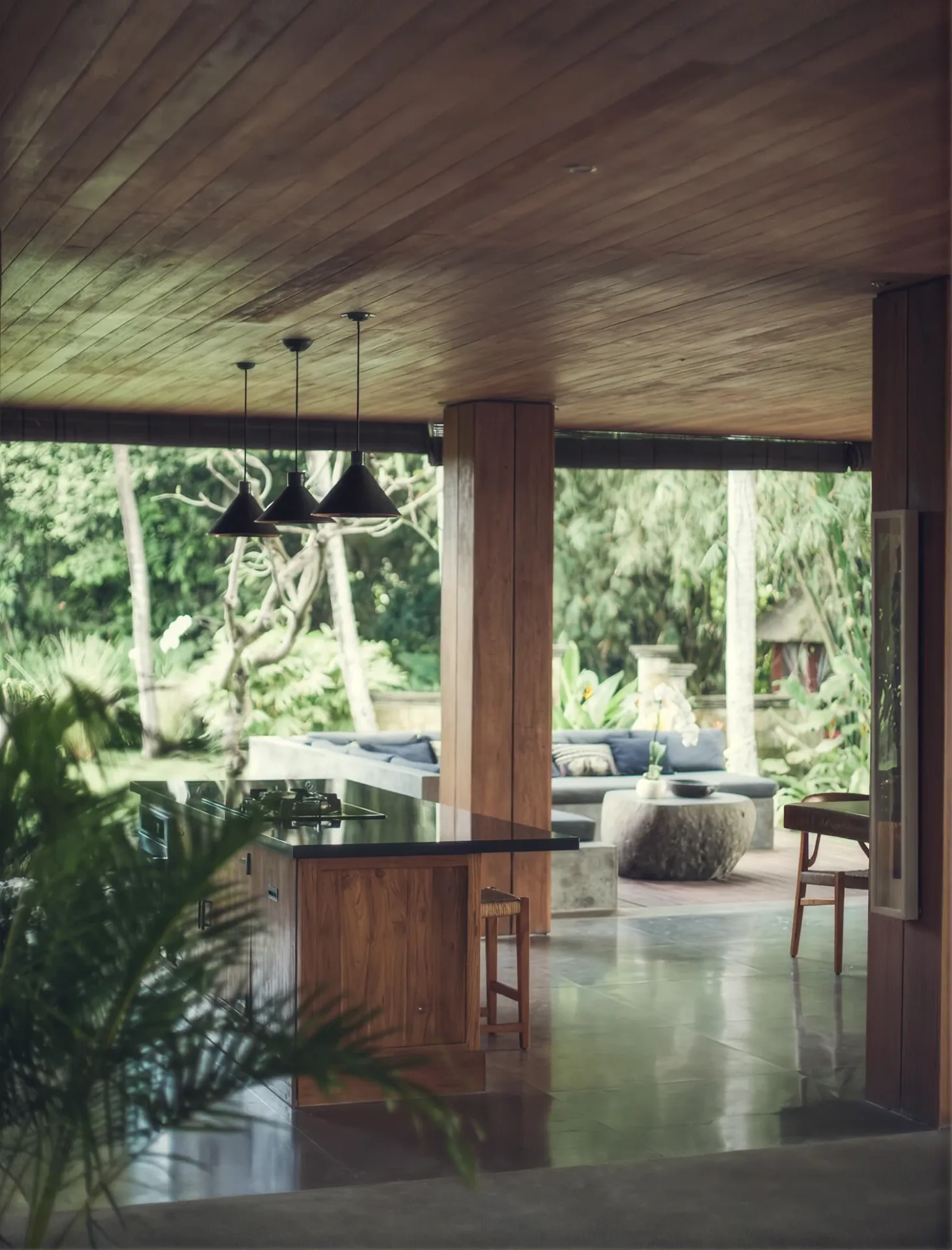 Living room and kitchen under the timber ceiling
