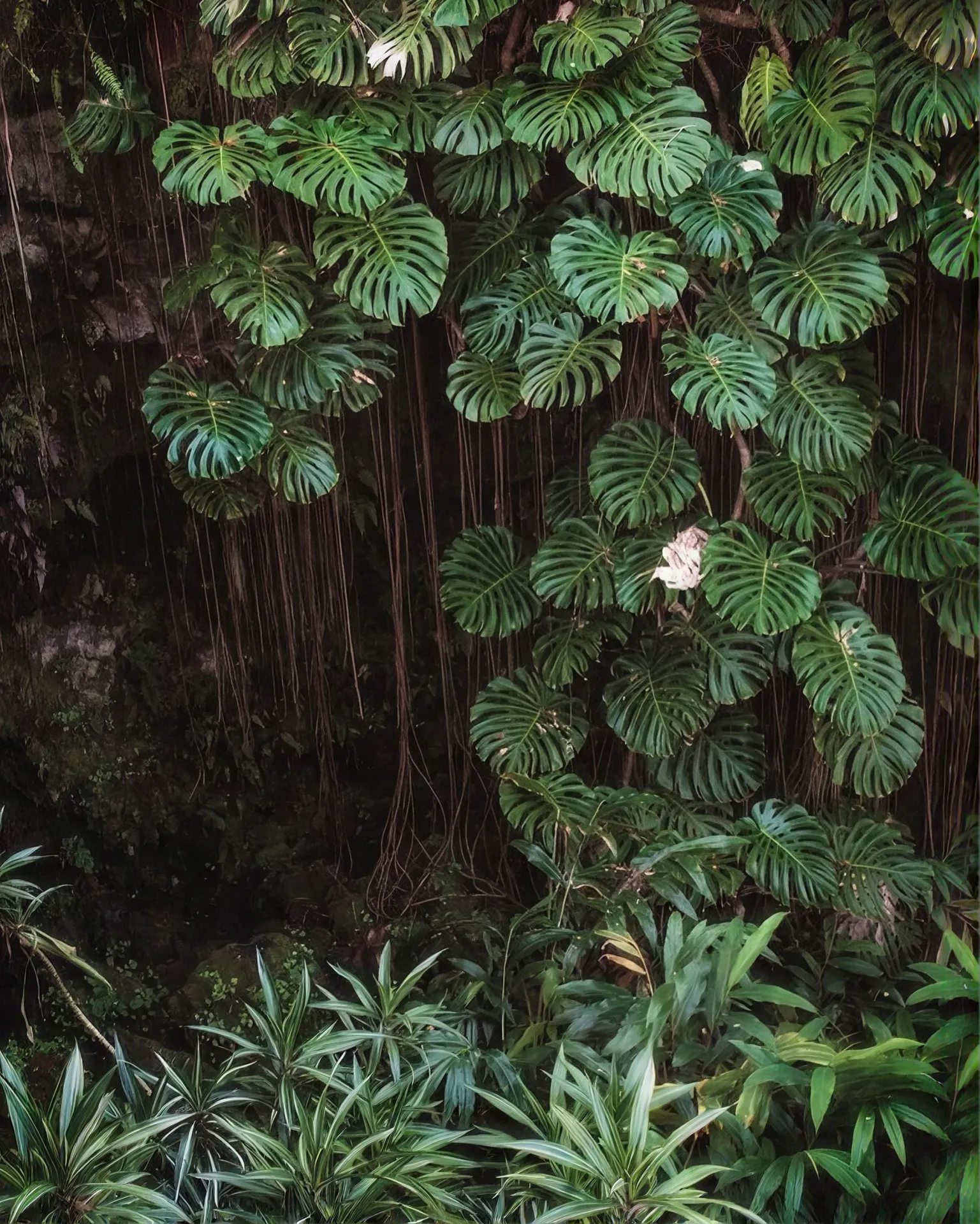 Wall of monstera in the tropical garden