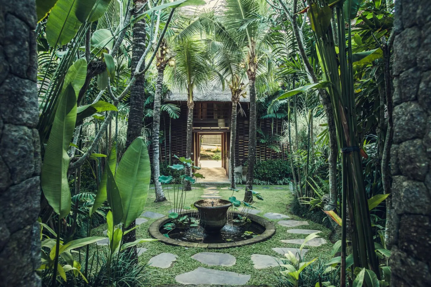 Stone stepping path to the garden fountain