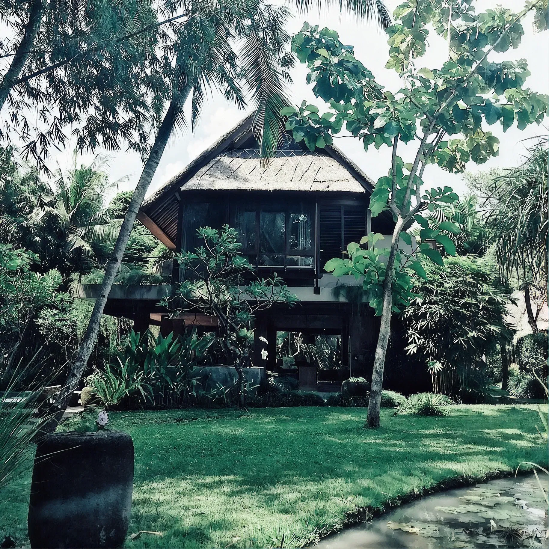 Villa and lawn seen through the trees