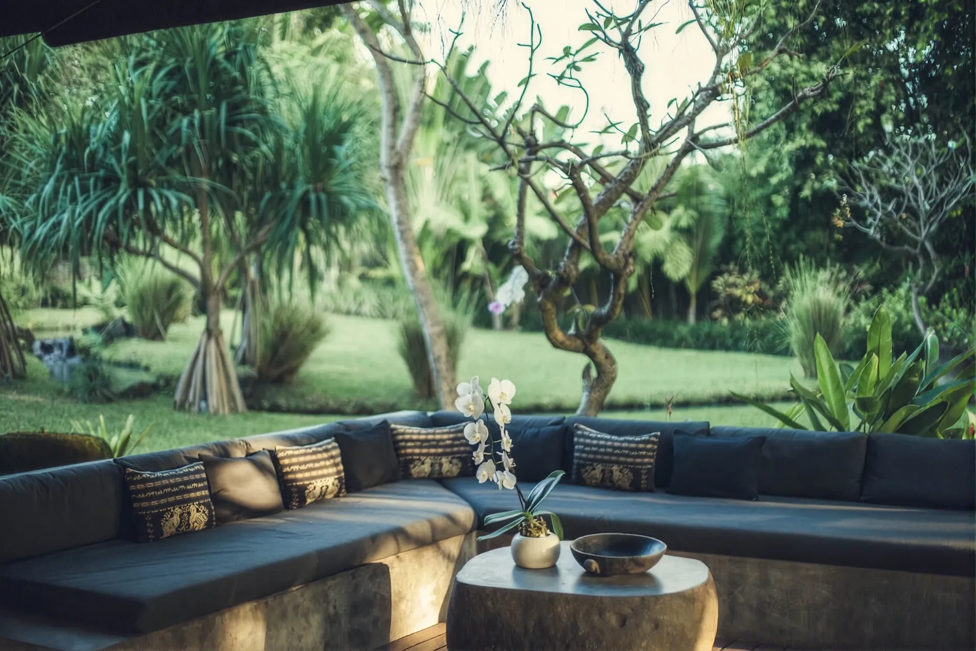 Outdoor lounge at garden level