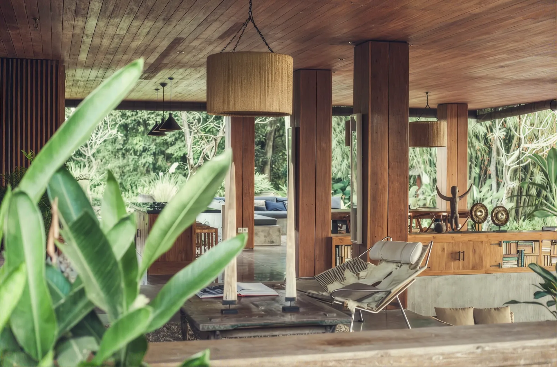 Open-air lounge framed by the garden